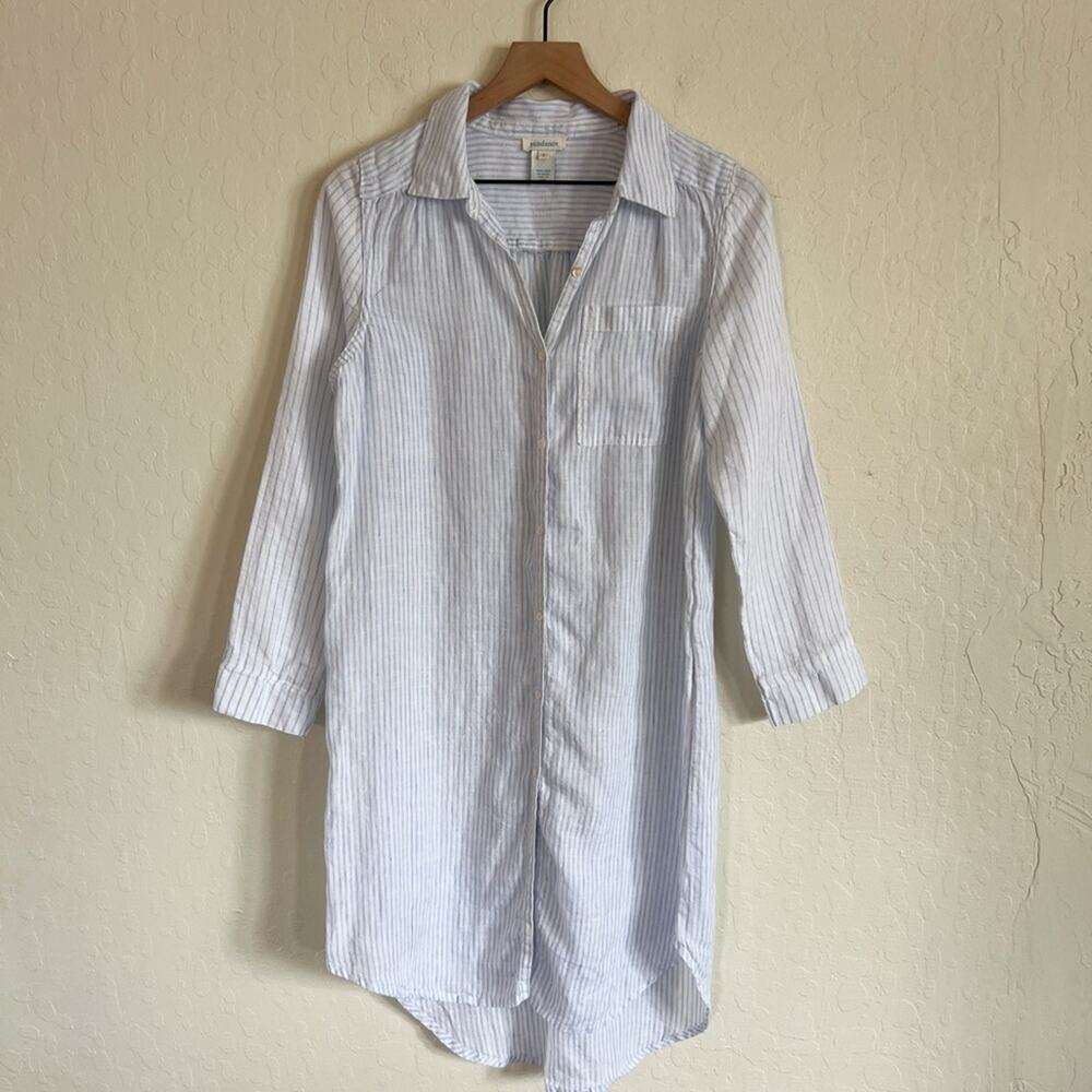 Sundance 100% Linen Long Roll Tab Sleeve Button Front Shirt Dress Small Stripes
